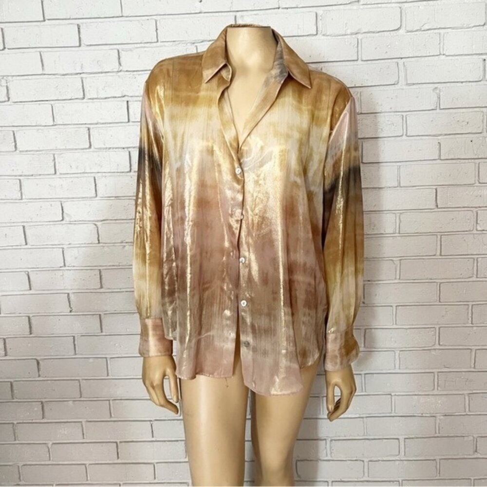 Zara Tie Dye Foil Print Metallic Semi-Sheer Night Out Shirt Gold NWT M
